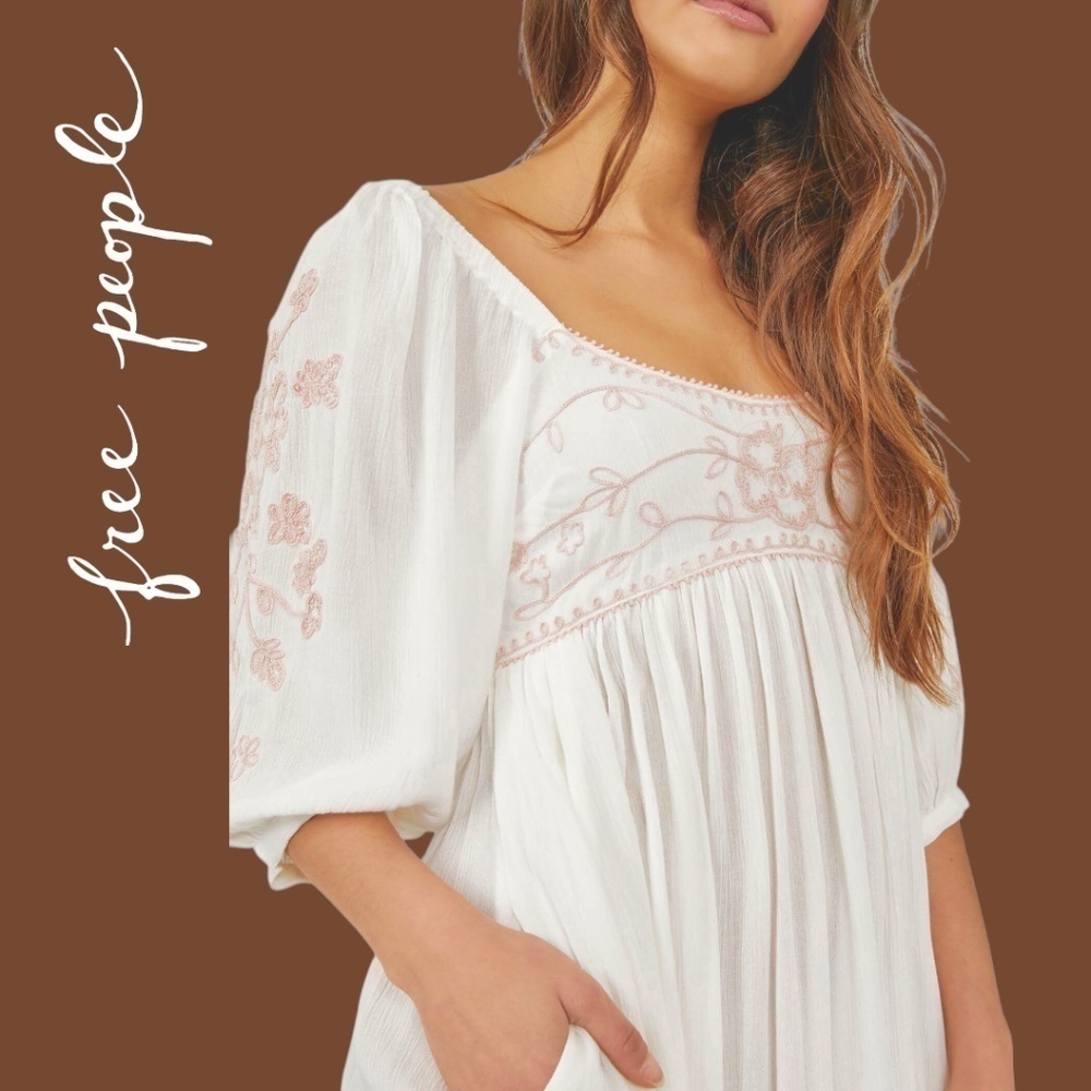 FREE PEOPLE Wedgewood Embroidered Scoop Neck 3/4 Puff Sleeve Maxi Dress/SM NWT - Picture 10 of 16